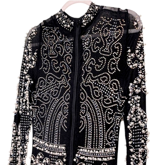 Akira Rare Chunky Beaded Pearl and Bling Gold Accent Mock Neck Dress - Picture 5 of 6